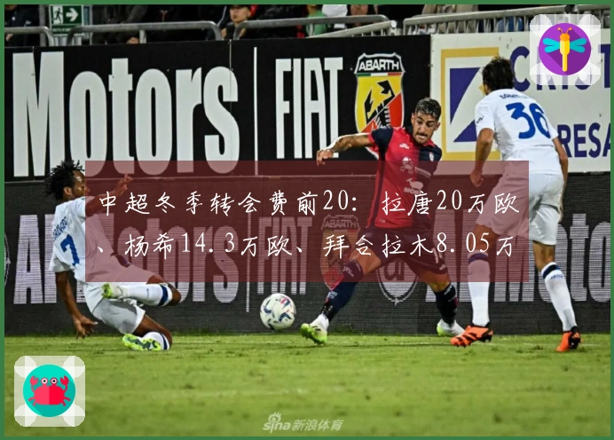 中超冬季转会费前20：拉唐20万欧、杨希14.3万欧、拜合拉木8.05万
